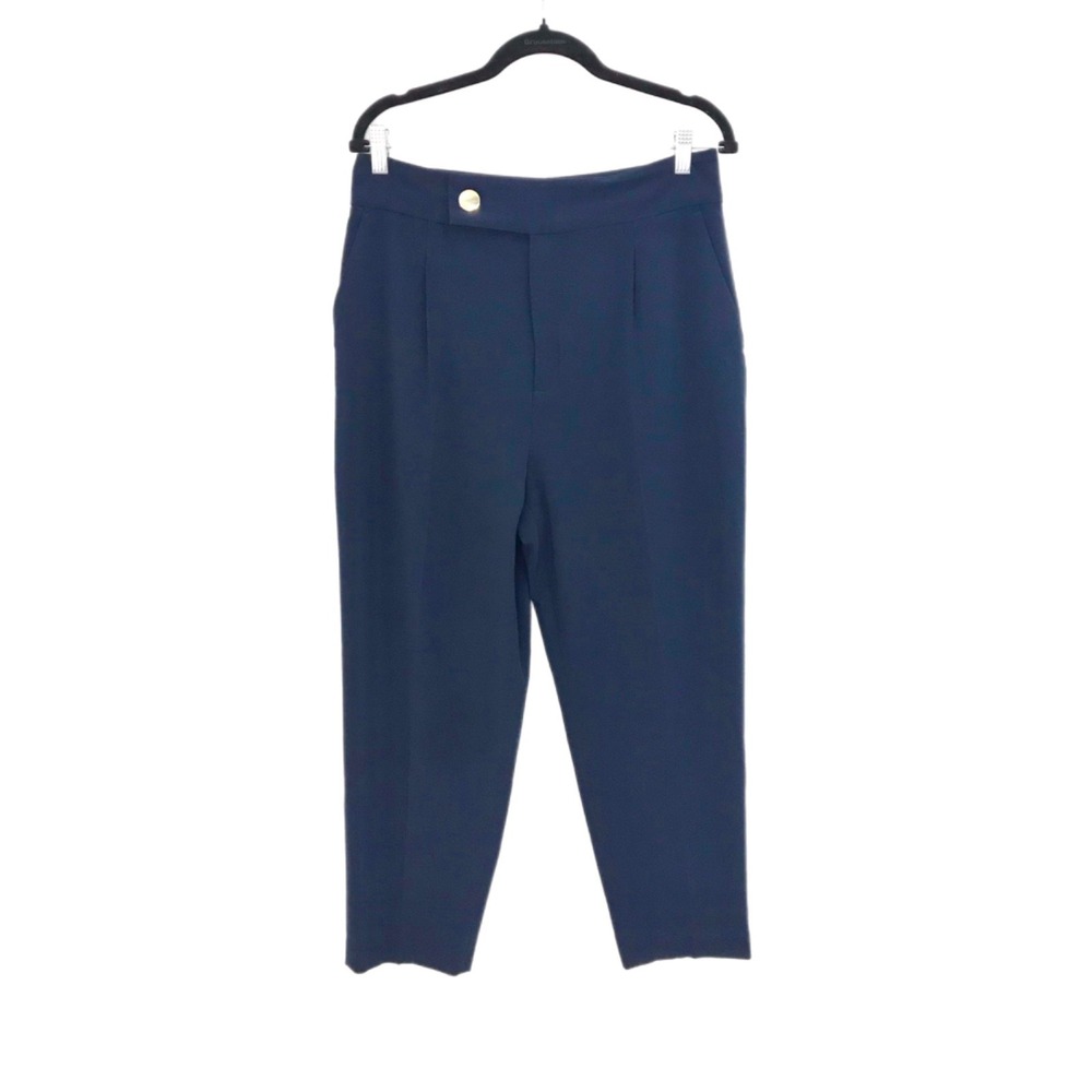 ZARA Women's Pants High Rise Pleated Career Trouser Navy Blue Pockets Size L